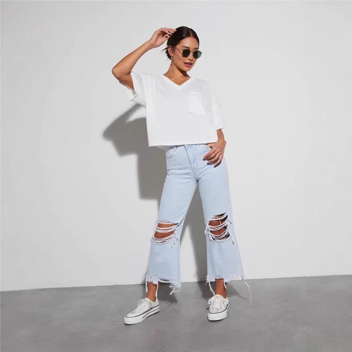 Damen nan cropped-weitjeans mit hoher Taille, ausgefranstem Saum und starkem Knee-Ripping Echo Archiv