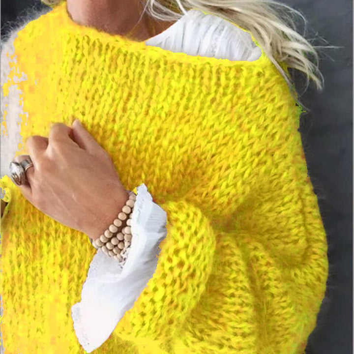 Damen Kurzgeschnitteter flauschiger Grobstrickpullover mit überschnittener Schulter – Mavelle