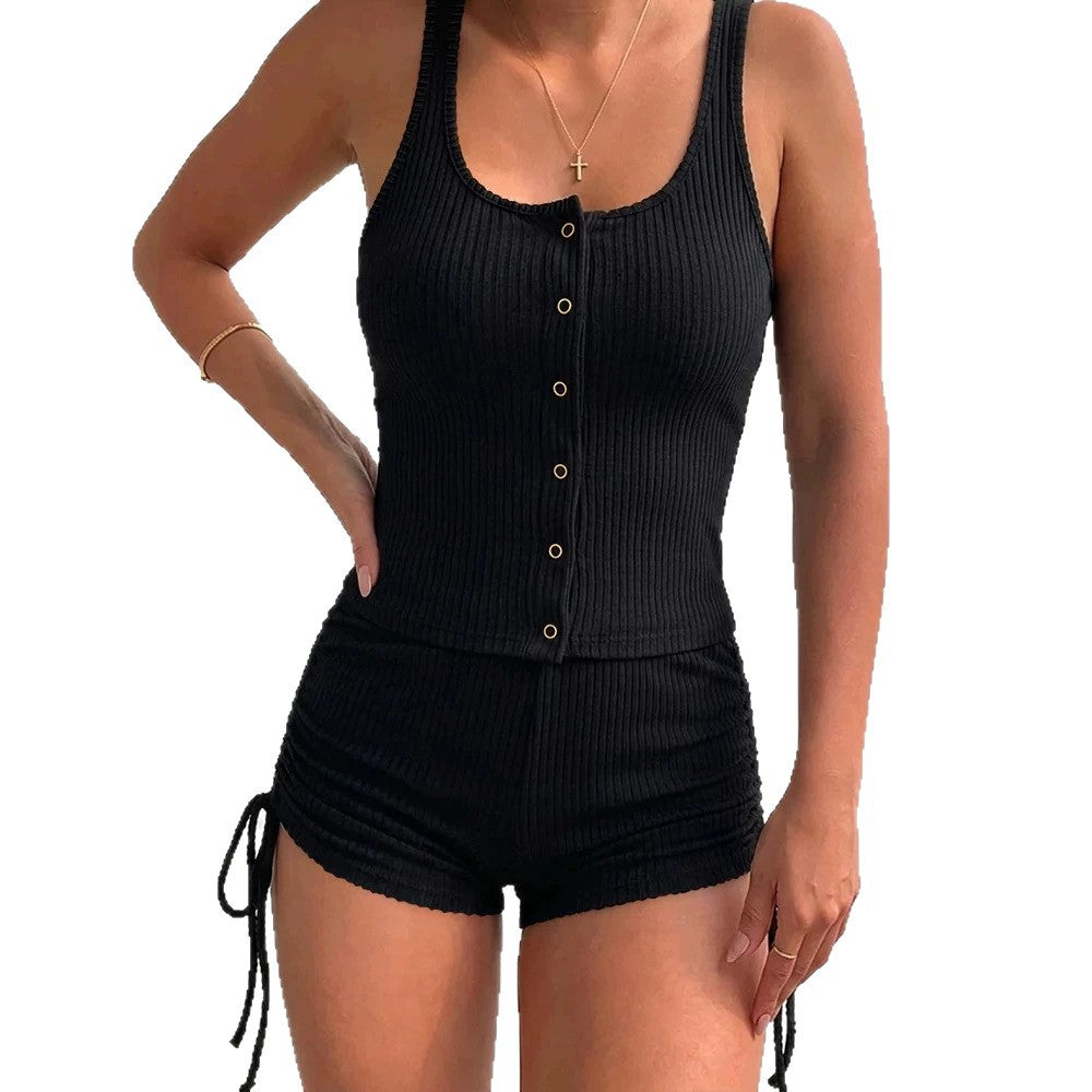 Damen Sportliches Bustier-Shorts-Set mit dekorativen Knöpfen und raffinierten Binde-Details Echo Archiv