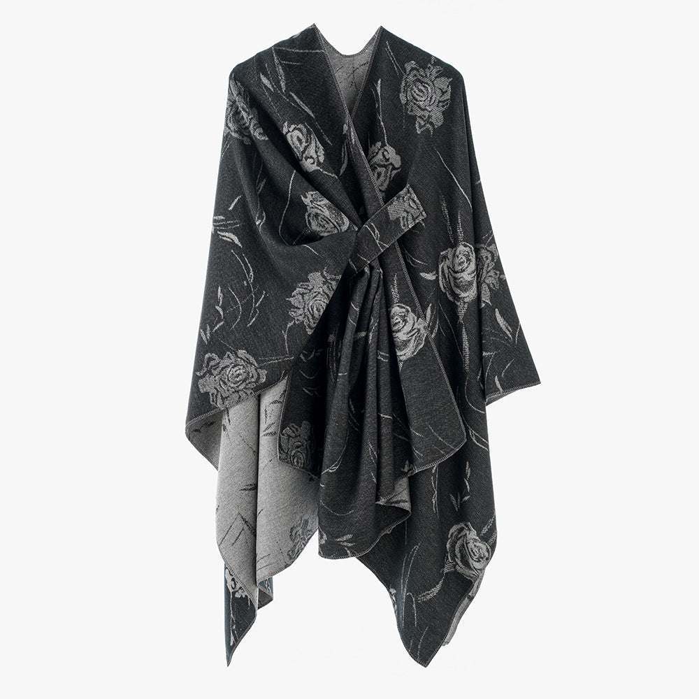 Damen Wendbarer Capeponcho mit Rosen-Jacquard und Bindegürtel Echo Archiv