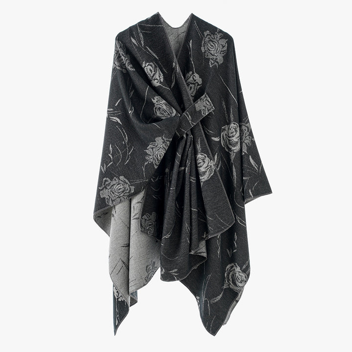 Damen Wendbarer Capeponcho mit Rosen-Jacquard und Bindegürtel Echo Archiv