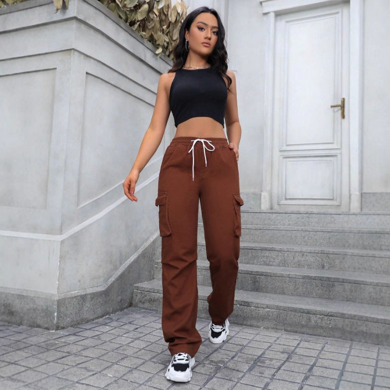 Damen taillenhohe Cargo-Jogginghose mit weitem Bein und Kordelzug Echo Archiv