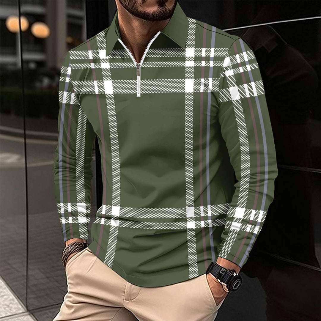 Herren modisches Langarmshirt mit modernem Zip-Kragen und auffälligem Karomuster Echoarchiv