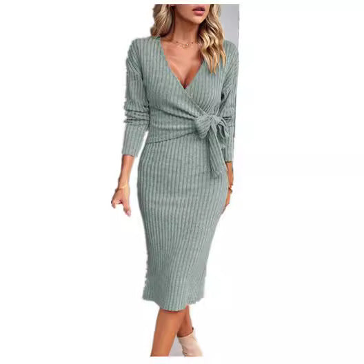 Damen Rippstrick-Wickelmidikleid mit Taillenschleife – Élara