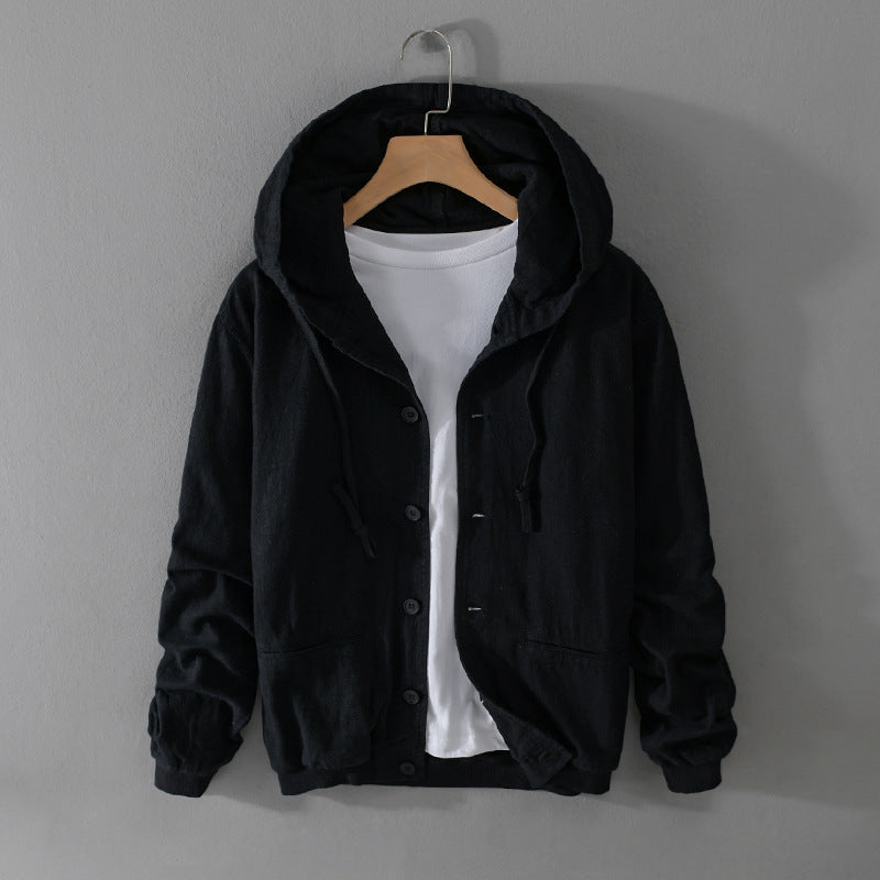 Herren Leichte Leinen-Hoodiejacke mit Knopfleiste und Kordelzug Echoarchiv