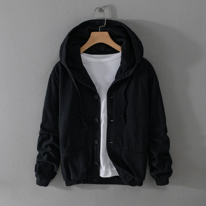 Herren Leichte Leinen-Hoodiejacke mit Knopfleiste und Kordelzug Echoarchiv