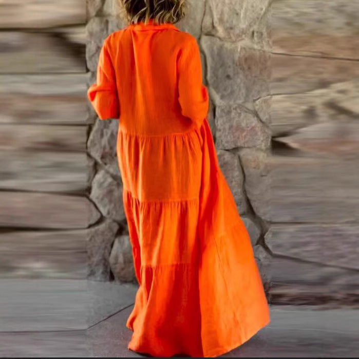 Damen nan sommerliches Leinenmix Stufenmaxikleid mit Hemdkragen, geraffter Taille und ellbogenlangen Ärmeln Echo Archiv