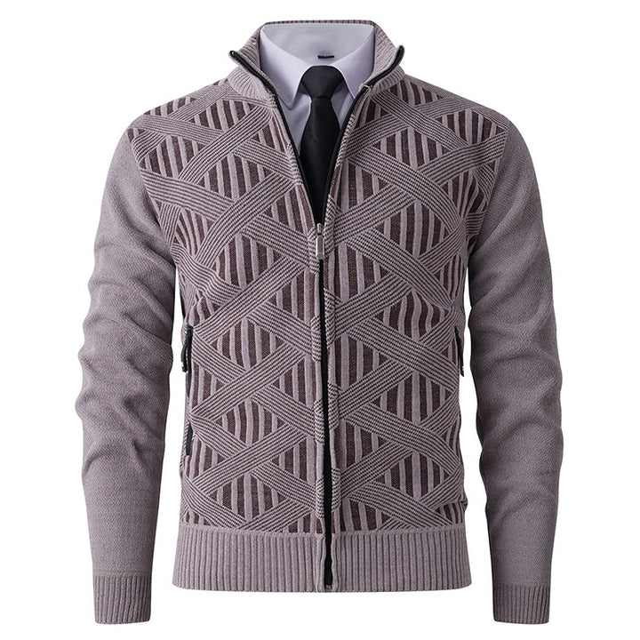 Herren Geometrischer Jacquard-Zipcardigan mit Stehkragen und Reißverschlusstaschen Echo Archiv