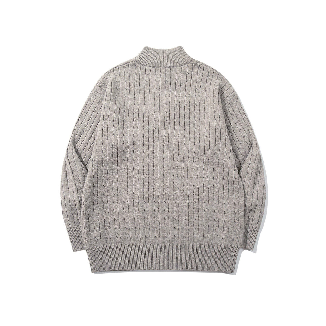 Unisex Zopfmuster-Halbzip-Strickpullover mit hohem Rippkragen und längerem Saum Echoarchiv