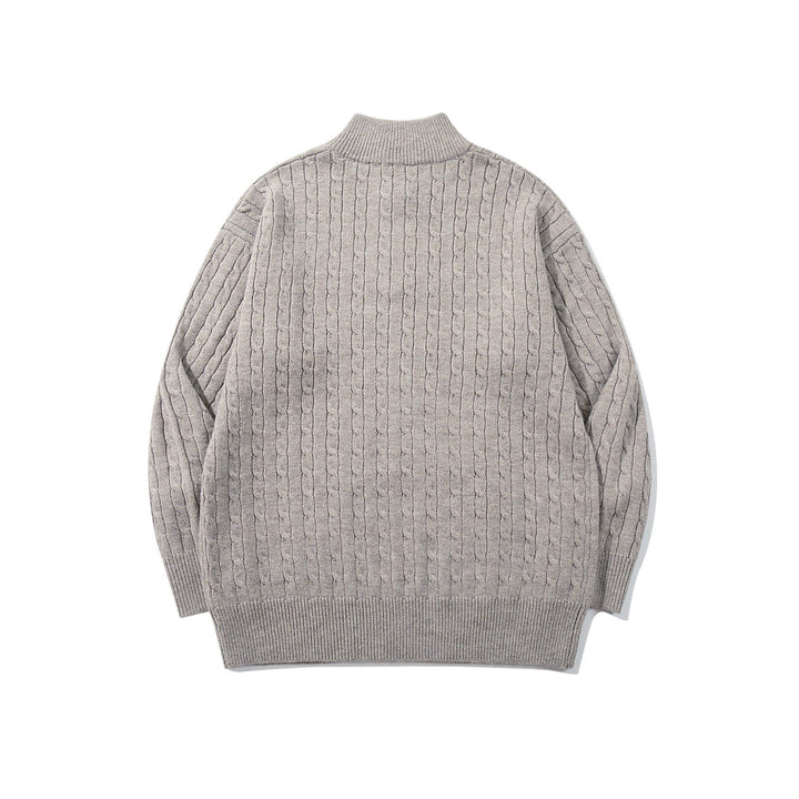 Unisex Zopfmuster-Halbzip-Strickpullover mit hohem Rippkragen und längerem Saum Echoarchiv