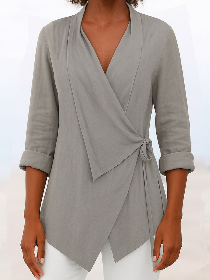 Damen Asymmetrische Wickelbluse mit Schalkragen und 3/4-Ärmeln – Élovi