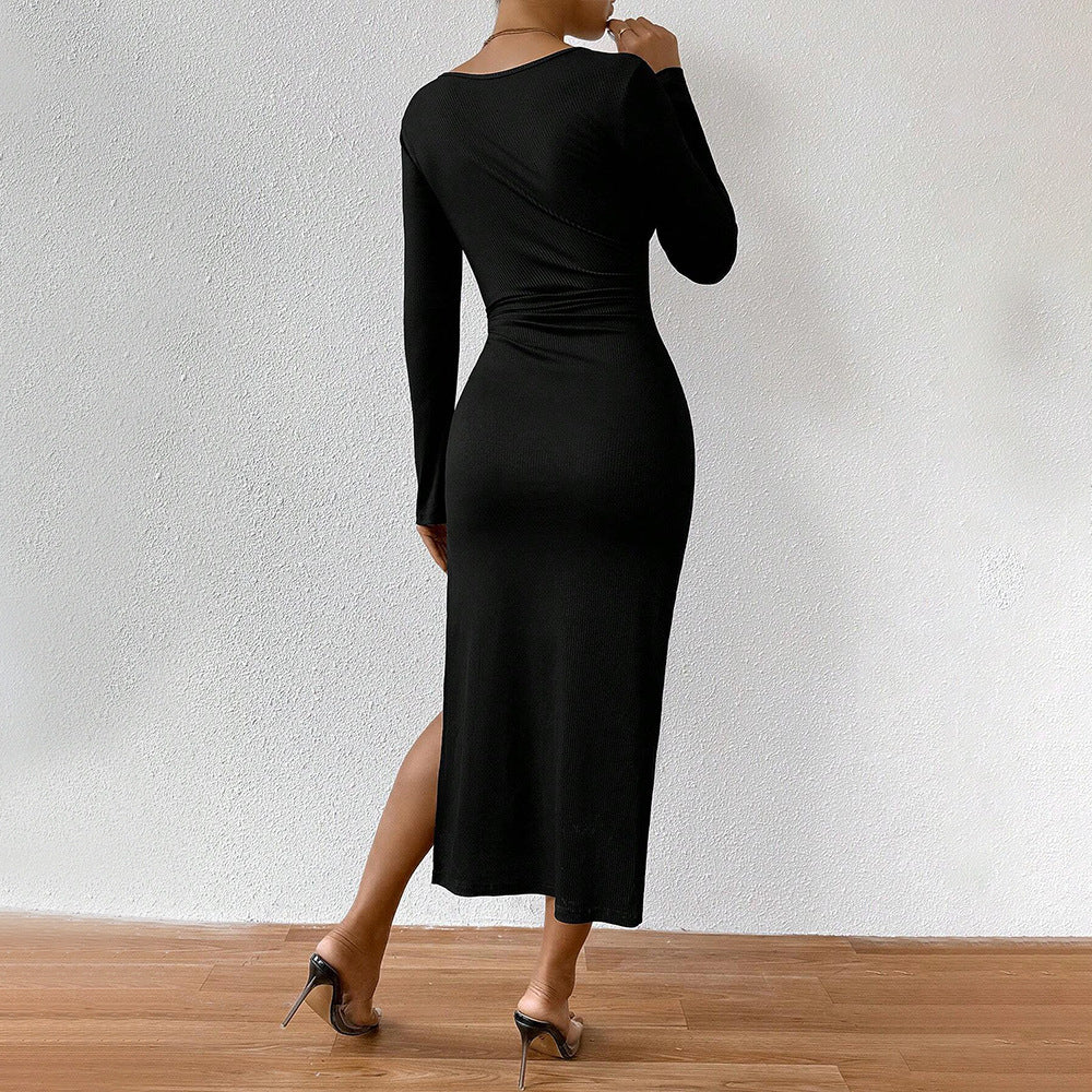 Damen geripptes Midikleid mit herzförmigem Bustier, Tunnelzug‑Bindung und hohem Seitenschlitz – Élara