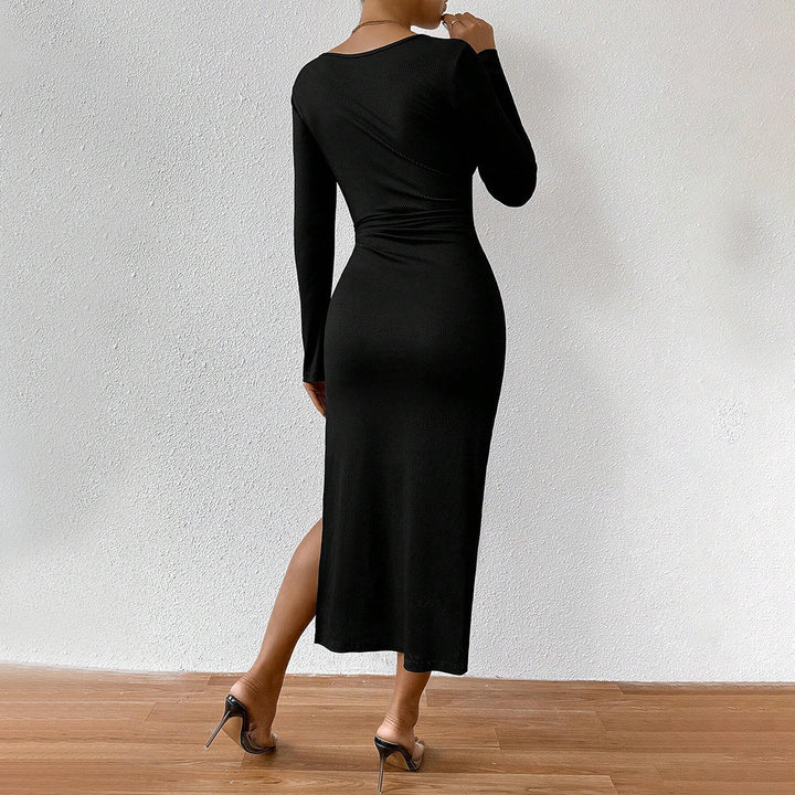 Damen geripptes Midikleid mit herzförmigem Bustier, Tunnelzug‑Bindung und hohem Seitenschlitz – Élara