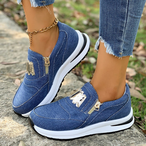 Damen Plateau-Slipper-Sneaker aus Veloursimitat mit seitlichem Zier-Reißverschluss und metallischer Applikation – Névara