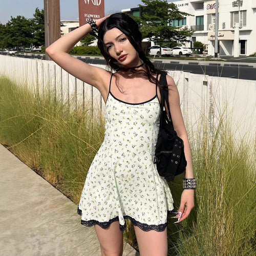 Damen Sommerliches Spaghetti-Trägerkleid mit floralen Mustern und Spitzenbesatz Echo Archiv