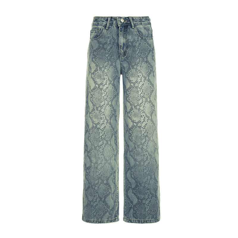 Damen nan hochgeschnittene Jeans mit Schlangenprint, weitem Bein und geradem Schnitt Echo Archiv