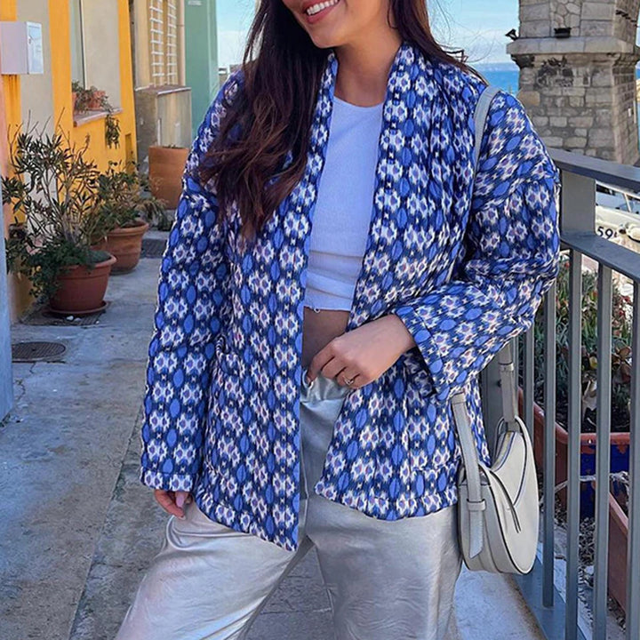 Damen Gemusterte Kimono-Steppjacke mit offener Front und aufgesetzten Taschen Echo Archiv