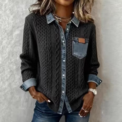 Damen Strickjacke mit Denim-Look-Kragen, dekorativer Knopfleiste und Brusttasche – Veloura