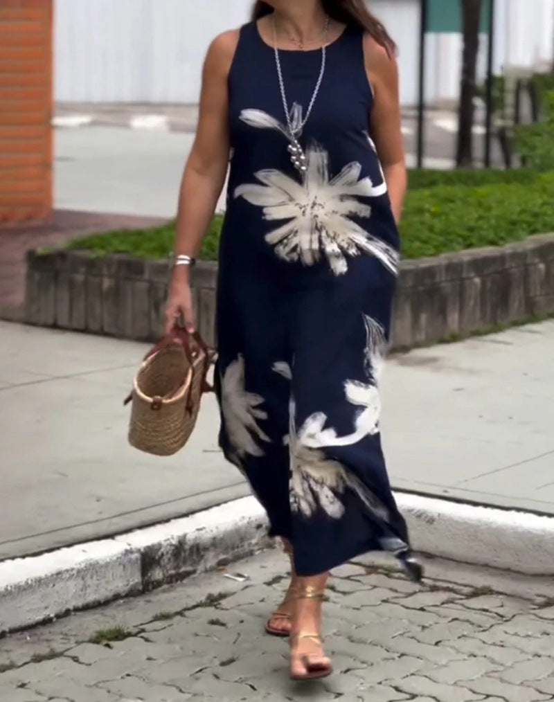 Damen nan ärmelloses lässiges Maxikleid aus Leichtjersey mit großflächigem Pinselblumenmuster und versteckten Seitentaschen Echo Archiv