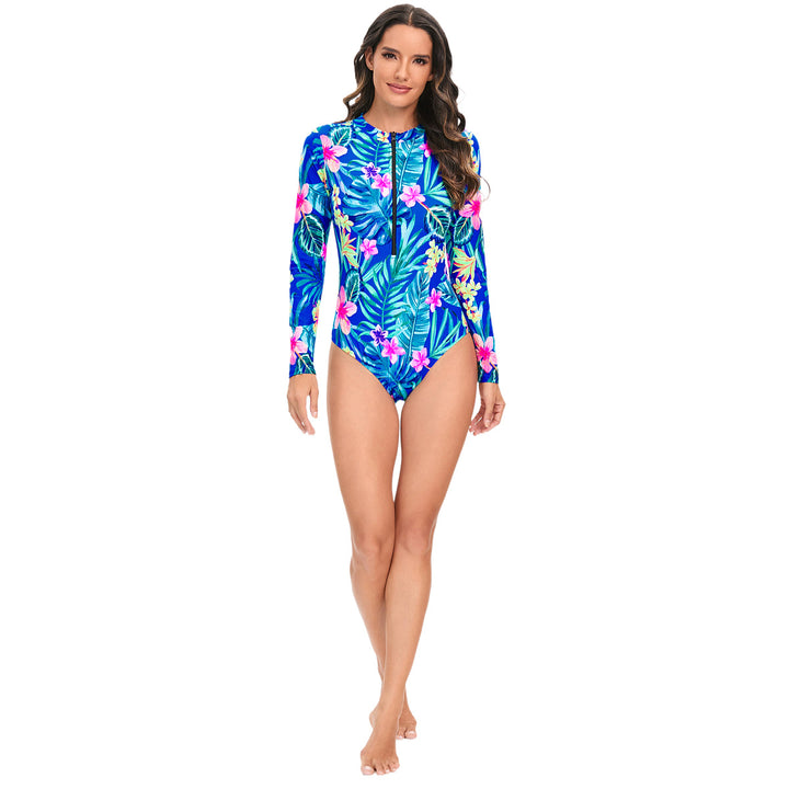 Damen Sportlicher Langarm-Badeanzug mit floralen Akzenten Echo Archiv