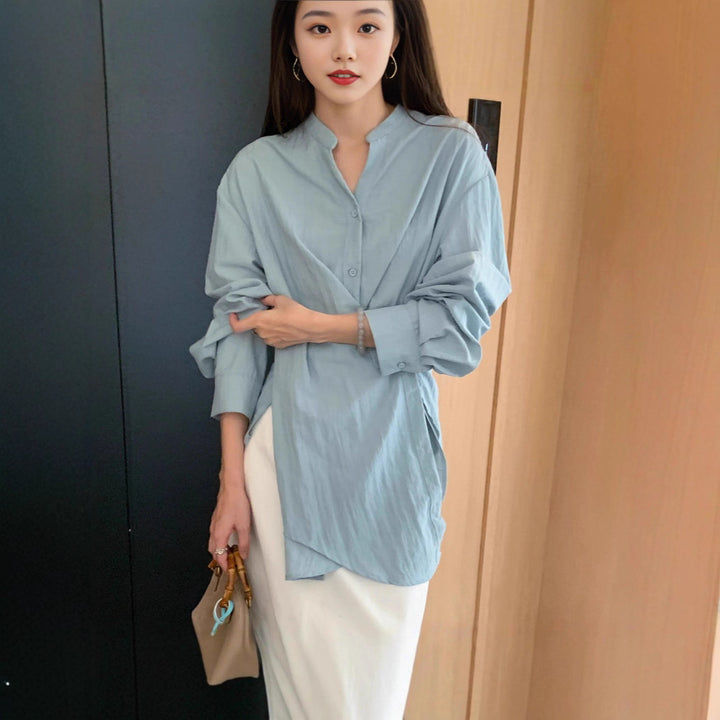 Damen Wickelbluse mit geraffter Taille und Ballonärmeln Echoarchiv