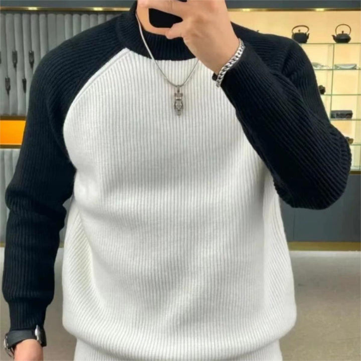 Herren Gerippter Raglan-Pullover mit Kontrastärmeln und kurzem Stehkragen Echoarchiv