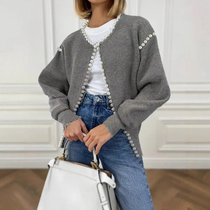 Damen Perlenverzierter Feinstrick-Cardigan mit Ballonärmeln – Veloura