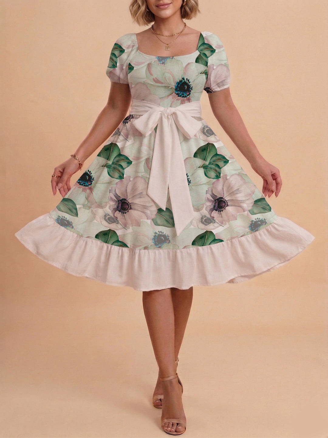 Damen Blumenkleid mit taillierbarem Gürtel und voluminösen Ärmeln Echo Archiv