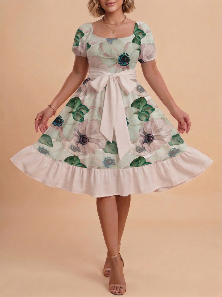 Damen Blumenkleid mit taillierbarem Gürtel und voluminösen Ärmeln Echo Archiv
