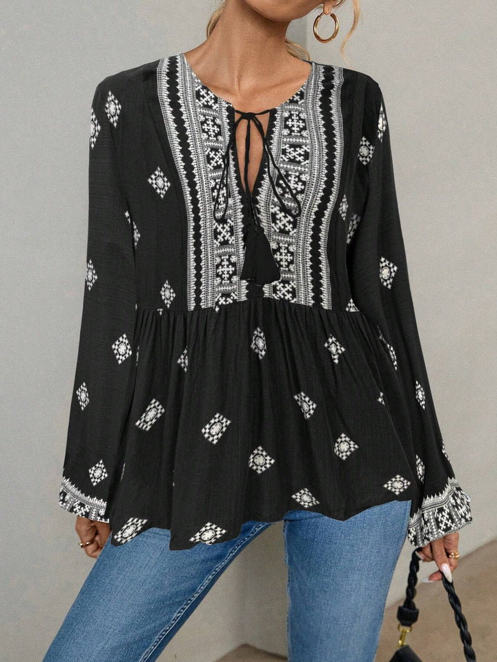Damen Bestickte Boho-Tunika-Bluse mit Quastenbändern und stufigem Saum Echo Archiv