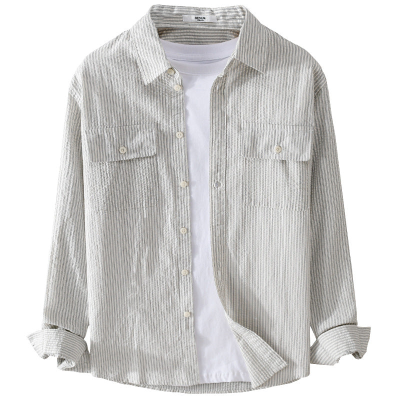 Herren Leichtes Overshirt im Nadelstreifen-Look aus Leinen‑Baumwollmix mit aufgesetzten Brusttaschen Echoarchiv