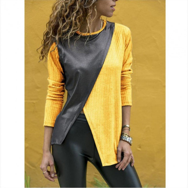 Damen Asymmetrisches Longsleeve mit Lederoptik‑Overlay und Rippstrick – Avérine