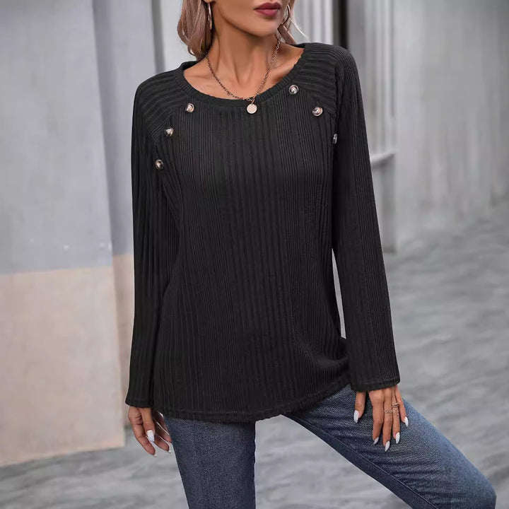 Damen Feiner Rippstrick-Pullover mit Zierknopfleiste und Rundhalsausschnitt Echoarchiv