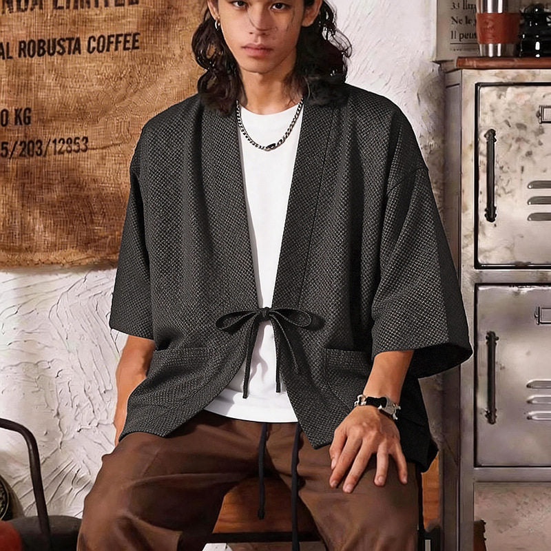 Herren Lockerer Kimono-Cardigan aus strukturierter Baumwollmischung mit kurzem Ärmel und Bindeband Echoarchiv