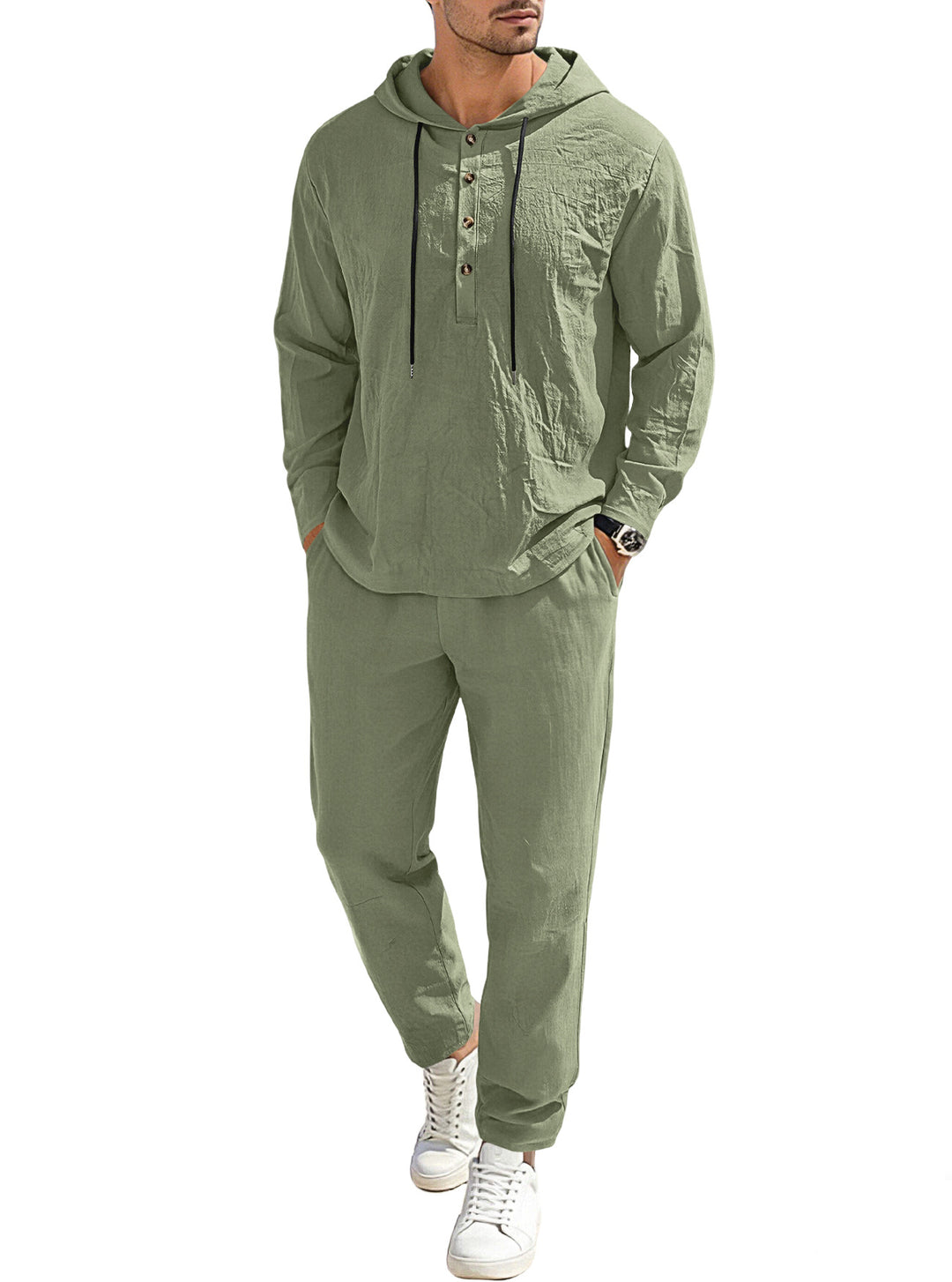 Herren nan entspannter Kapuzen-Henley Freizeitanzug aus leichter Baumwollmischung in Leinenoptik mit Kordelzug und elastischer Bundhose Echo Archiv