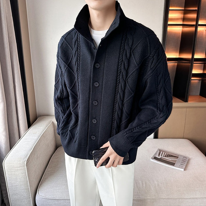 Herren modischer Strickjacke mit Zopfmuster und modernem Kragen Echoarchiv