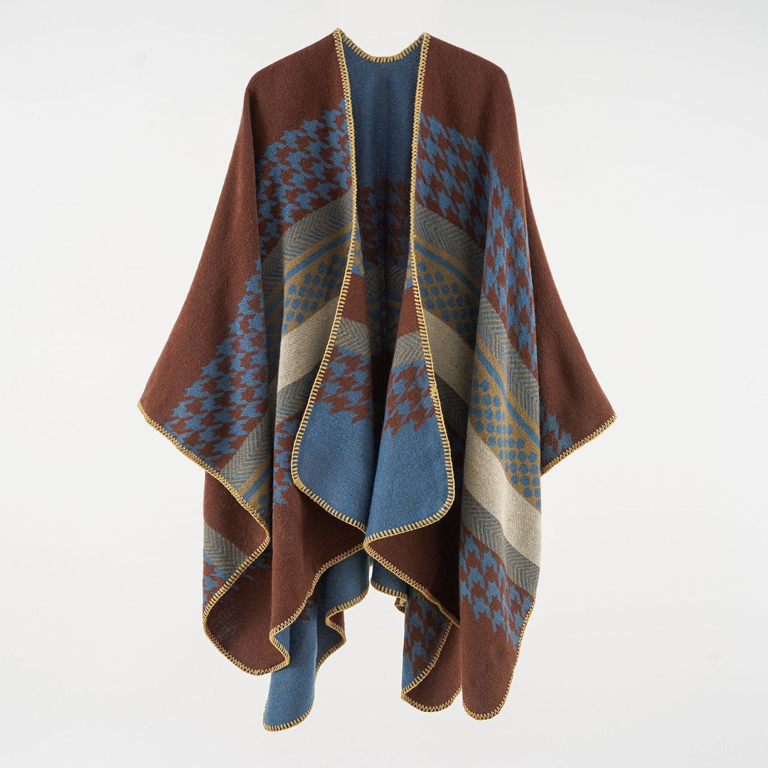 Damen Wohliger Oversize-Umhangponcho aus Wollmix mit Hahnentritt- und Grafikjacquard – Célinea