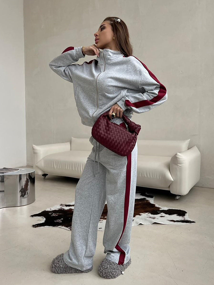 Damen Velours-Loungewear-Set mit Stehkragen, Zip-Jacke und weitem Palazzo-Hosenbein – Élanora