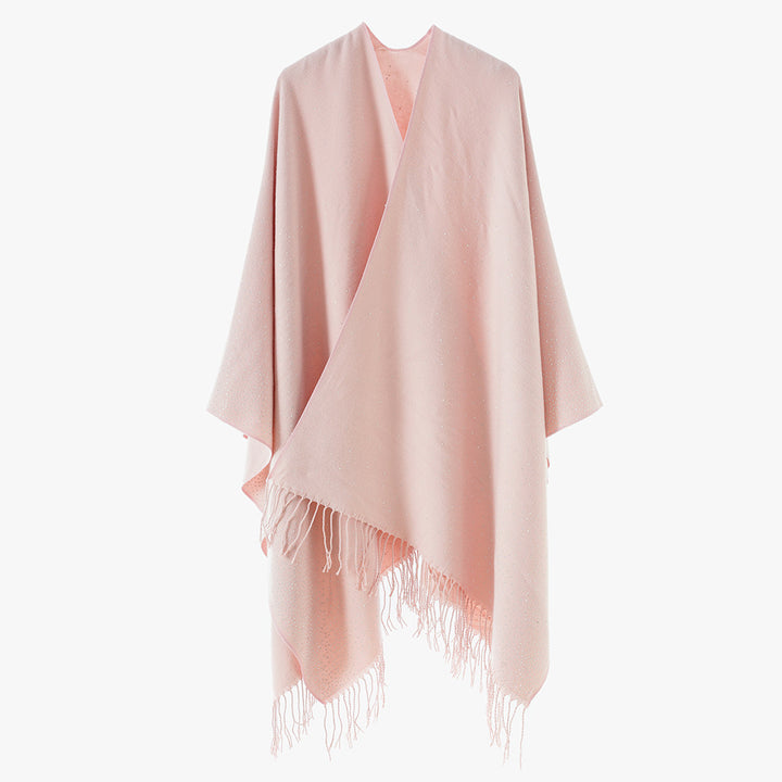 Damen Strickponcho mit Fransen und dezentem Schimmerbesatz – Avérine