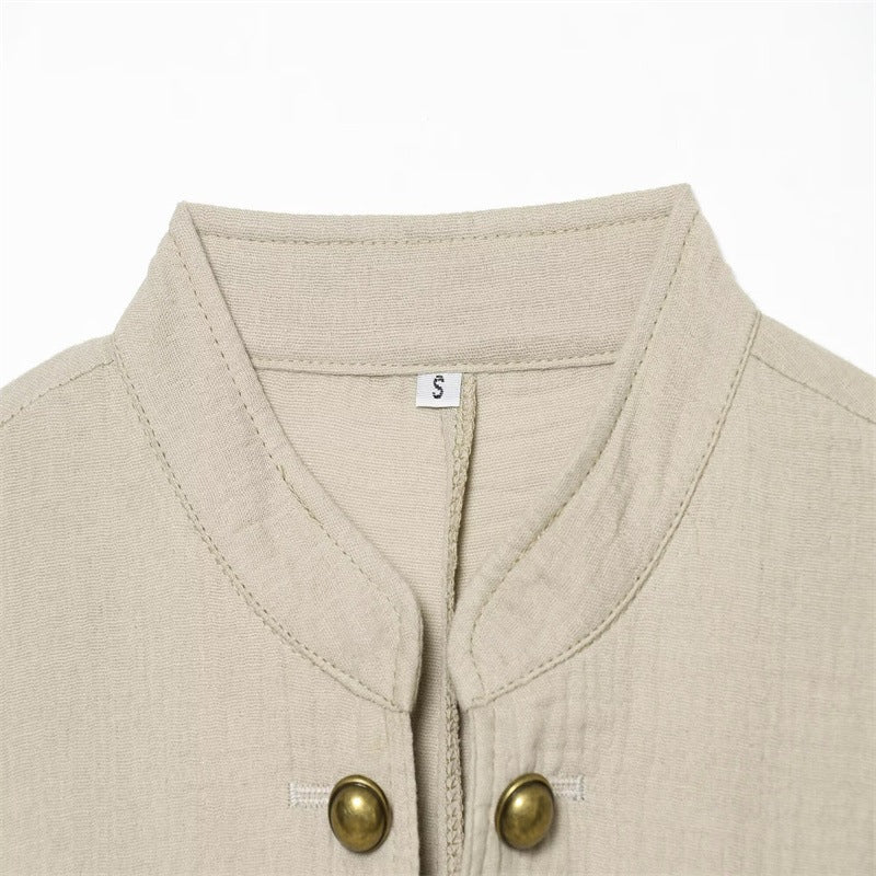 Damen Boxy-Leinenblazer mit Stehkragen, dekorativer Knopfleiste und Pattentaschen Echo Archiv
