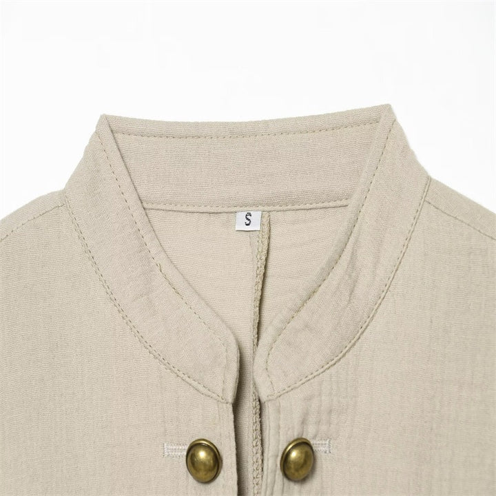 Damen Boxy-Leinenblazer mit Stehkragen, dekorativer Knopfleiste und Pattentaschen Echo Archiv