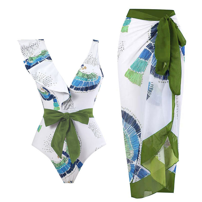 Damen Eleganter Einteiler Badeanzug mit floralen Rüschendetails Echo Archiv