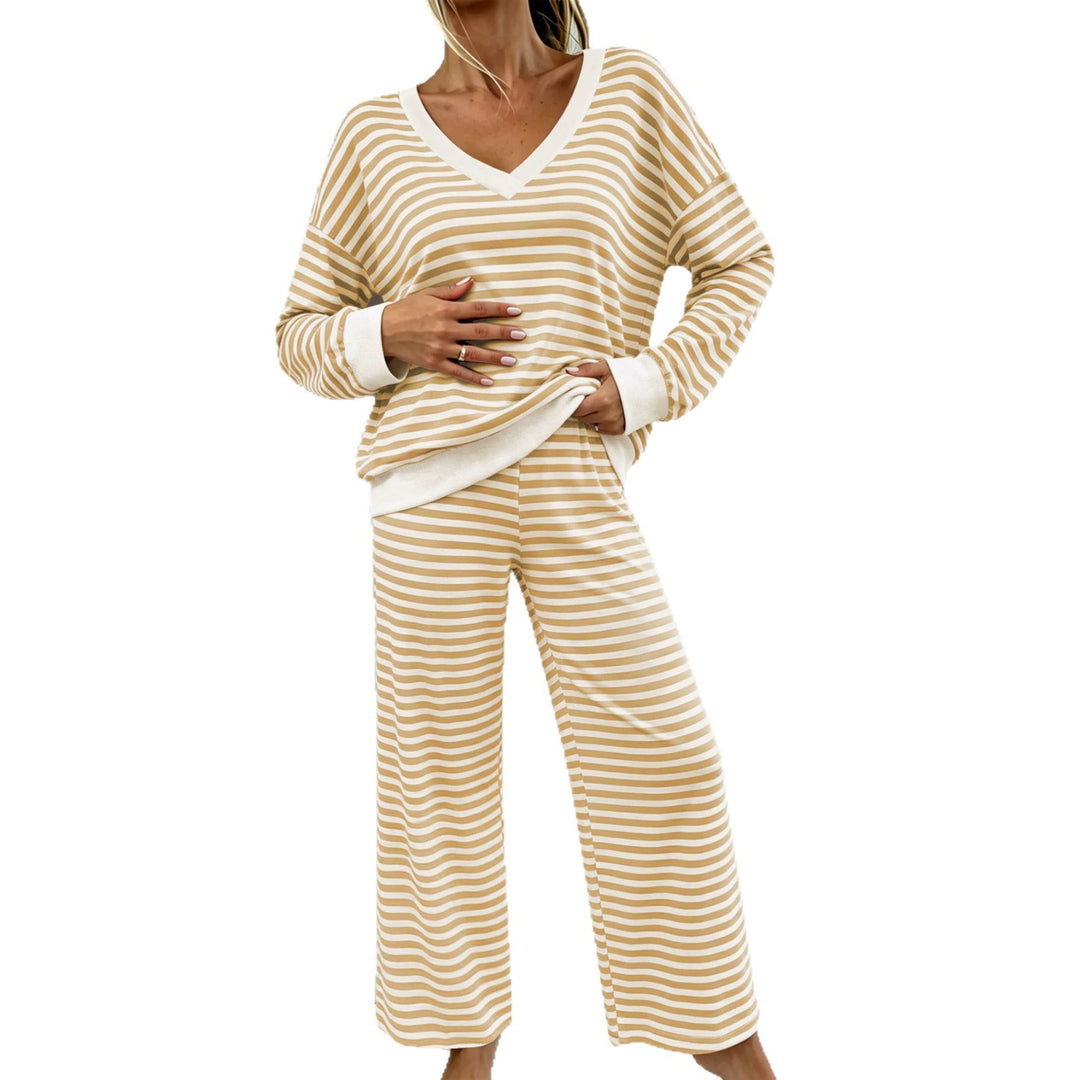 Damen Gestreiftes Lounge-Set mit V-Ausschnitt, Oversize-Pullover und Palazzo-Hose Echoarchiv