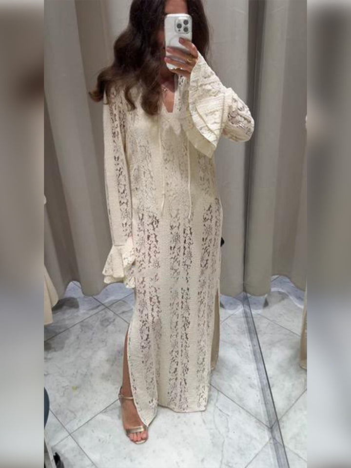 Damen Spitzen-Maxikleid mit V-Ausschnitt, Glockenärmeln und seitlichem Schlitz Echoarchiv