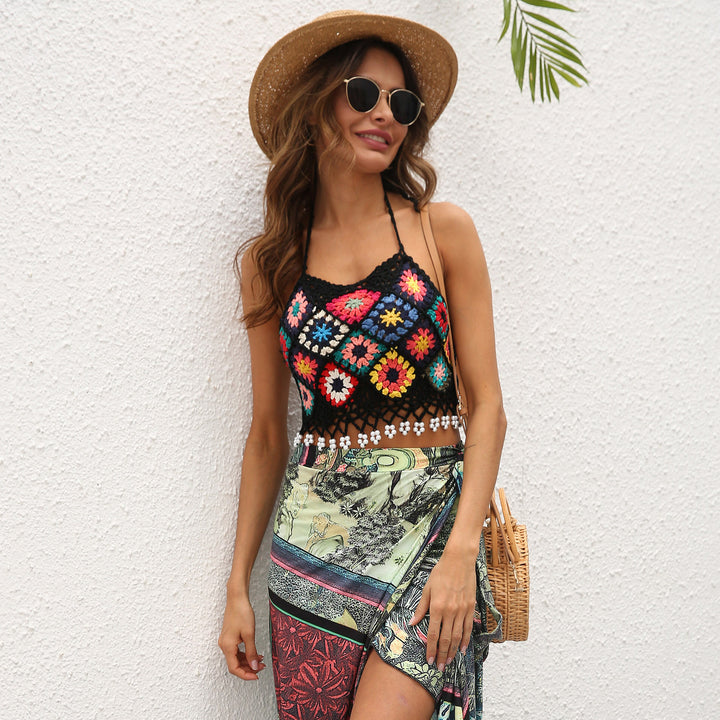 Damen gehäkeltes Crop-Top mit buntem Blumenmuster Echo Archiv
