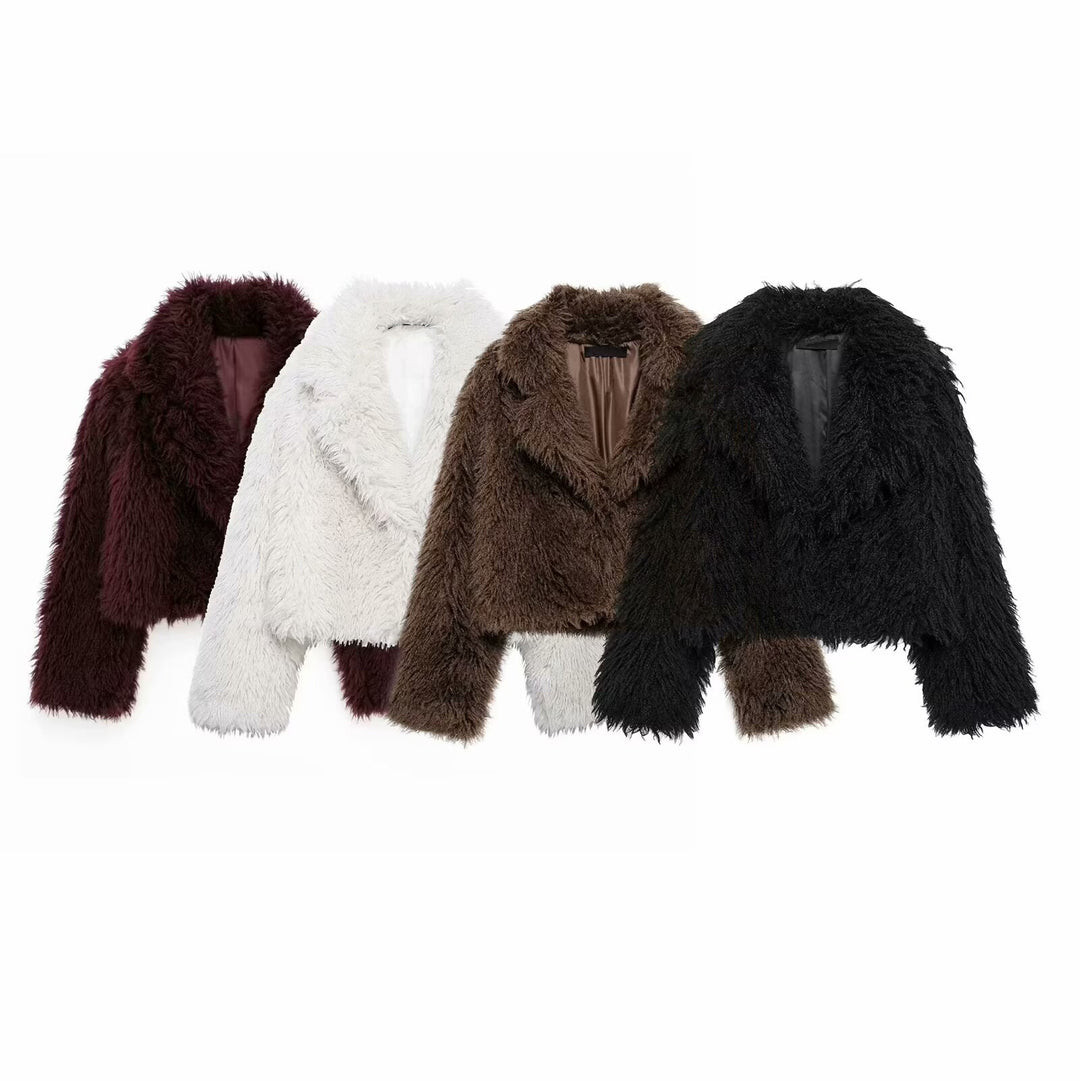 Damen Kurz geschnittene Teddy-Faux-Felljacke mit weitem Reverskragen und soften Flor Echo Archiv