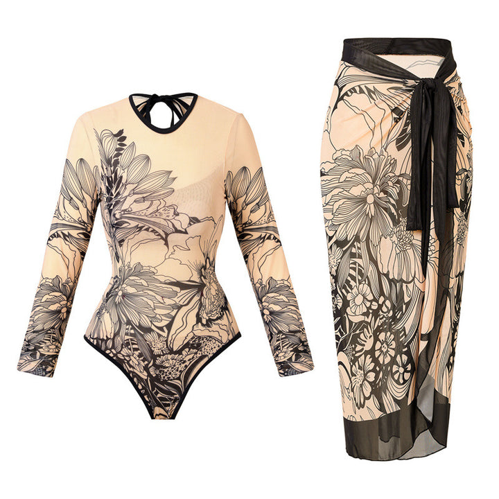 Damen Einteiler Badeanzug mit floralem Design und modischen Langarmhosen Echo Archiv
