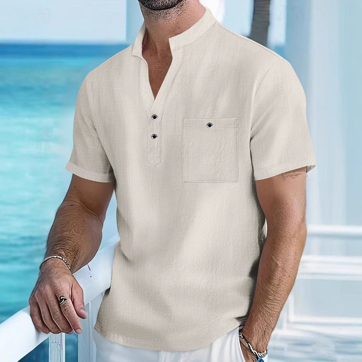 Herren Kurzarm-Hemd mit modischem Henley-Ausschnitt und Brusttasche Echoarchiv