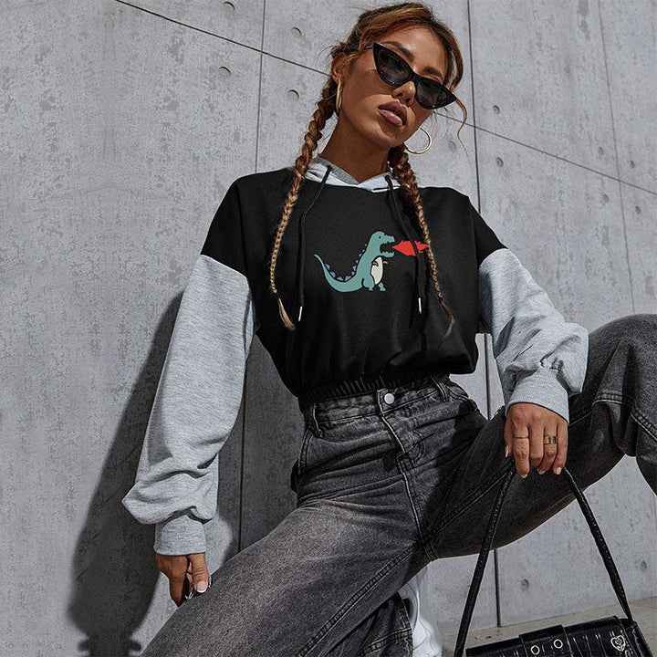 Damen Kurz geschnittener Colorblock-Kapuzenpullover mit Tunnelzug, elastischem Saum und Print Echoarchiv