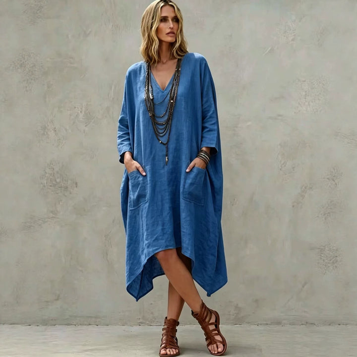 Damen nan Oversize Kaftankleid mit V-Ausschnitt, Eingrifftaschen und asymmetrischem Saum Echo Archiv